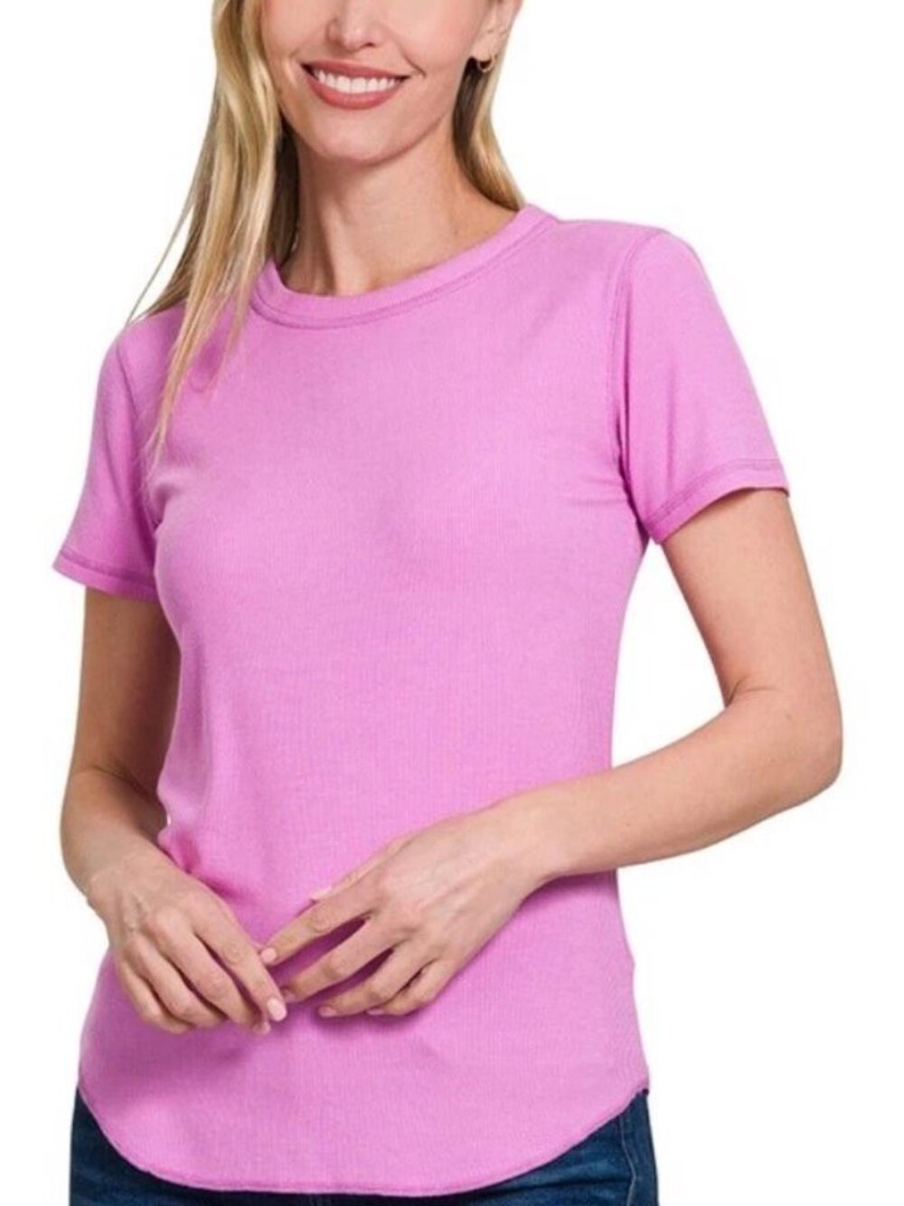 Womens Zenana Ribbed Fitted Tshirt, Size Medium, Bright Mauve